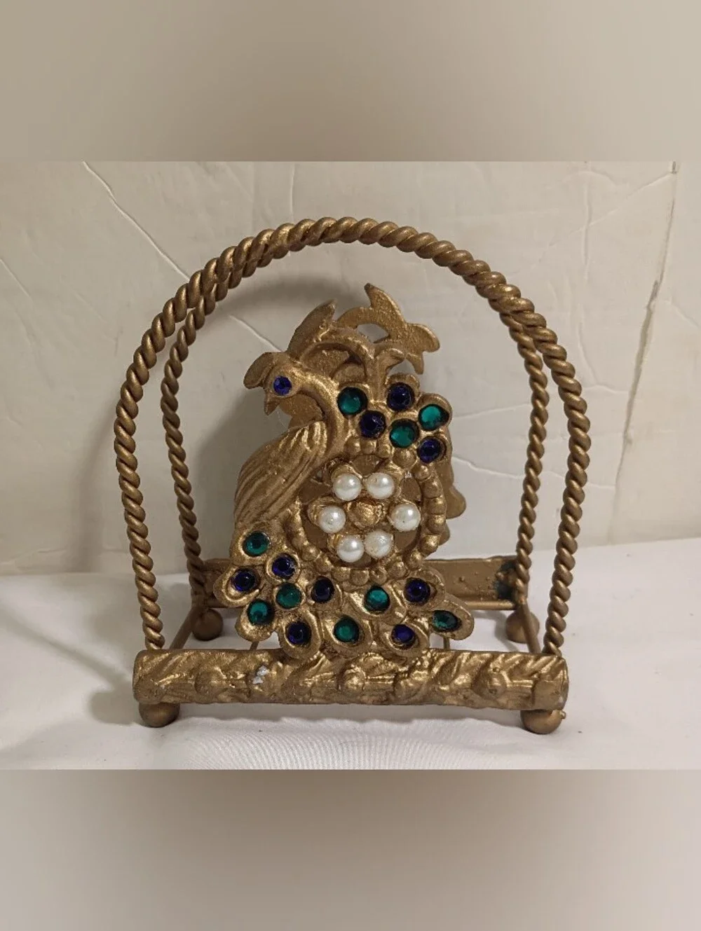 Vtg '60s Hollywood Regency Jeweled Peacock Vanity Tray & Letter Holder Set Gold